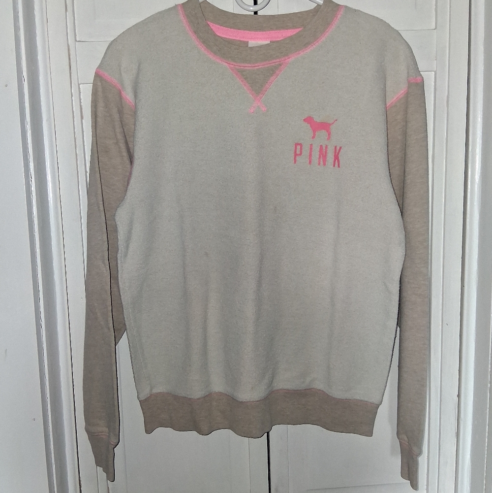 PINK Victoria's Secret Women's Beige and Pink Crew Neck Sweater